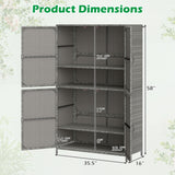 Product dimensions diagram of a gray wicker-style two-door storage cabinet with shelves, showing measurements of 58 inches tall, 35.5 inches wide, and 16 inches deep, with text reading 'Product Dimensions' on a light decorative background.