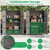 Two customizable storage units with garden tools and supplies outdoors.