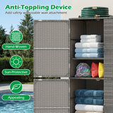 Outdoor storage cabinet with shelves, towels, and pool supplies, featuring an anti-toppling device.