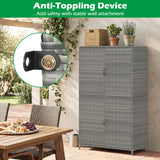 Outdoor setting with a tall gray storage cabinet, table with food, and chairs, featuring an anti-toppling device.
