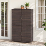 Brown wicker storage cabinet with two doors and two shelves, placed indoors.