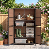 Outdoor storage cabinet with gardening tools and supplies against a garden backdrop