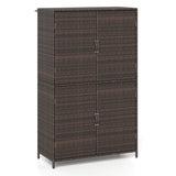 Brown wicker cabinet with two doors on a white background
