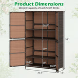 Product dimensions diagram of a 3-tier outdoor wicker storage cabinet with doors, showing measurements of 58 inches tall by 35.5 inches wide by 16 inches deep, with text indicating 80 lbs weight capacity.