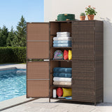 Outdoor storage cabinet with towels and pool supplies by a poolside