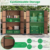 Customizable outdoor storage unit with green and brown colors, suitable for various items.