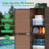 Wicker storage cabinet with towels and pool supplies, surrounded by outdoor elements.