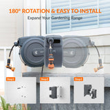 Garden hose reel with 180-degree rotation feature, easy to install, on a white background.