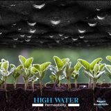 Young plants growing through a permeable geotextile fabric with water droplets.