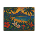 Gauguin Inspired Tropical Beach with Volcano and Exotic Flowers