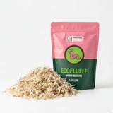 Package of EcoFluff worm bedding with a pink and green design on a white background
