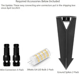 Product packaging with wire connectors, LED bulb, and ground spikes on a white background.