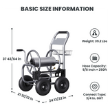 Hose reel cart with dimensions and specifications on a white background