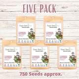 Five packs of Flawn Seed Kits on a wooden surface with text indicating 750 seeds per pack.