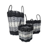 Set of three woven baskets with black and gray ombre pattern on a white background