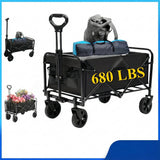 Black folding utility wagon with a handle, shown in three views on a white background with a blue border. The main view shows the wagon open and carrying a gray backpack and blue-gray duffel bag, with yellow text reading 680 LBS.