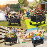 Collage of a folding wagon being used in various settings including a garden, supermarket, and beach.