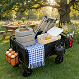 Picnic cart with food and drinks in a park setting