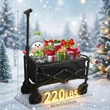 Black folding cart with Christmas decorations and gifts against a snowy background