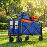 Blue folding wagon with colorful storage boxes in a park setting