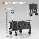 Black folding cart with measurements and product size details on a gray background