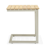 Small table with wooden top and beige frame on a white background