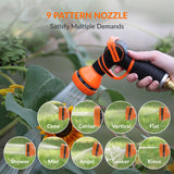 Hand holding a garden hose nozzle with 9 pattern options displayed.