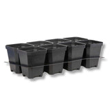 Set of black plastic pots in a clear plastic tray on a white background