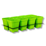 Set of green plant pots with a black tray on a white background 5" Nursery Pots with Insert Tray