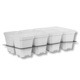 Set of six white plastic pots with a black tray on a white background 5" Nursery Pots with Insert Tray