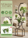 Full-spectrum grow lights with plant growth benefits displayed on a wooden shelf with plants.