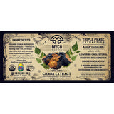 Label of MYCO Matrix Organic Chaga Extract with chaga mushroom image on a beige background