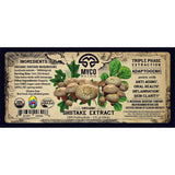 Label of Organic Shiitake Extract by Myco Matrix with mushroom graphics and text.