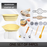 Sourdough starter kit shown as a product collage on a white background, including collapsible yellow bowls, white mixing mats, metal and wooden utensils, a yellow brush, round molds, a brush, and text reading 'SOURDOUGH STARTER KIT' and 'ONE SET OF 94PCS'.