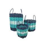 Set of three woven baskets with blue and green stripes on a white background