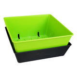 Green and black plastic 5X5 Shallow Microgreen Trays on a white background