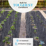 Geotextile fabric with plants growing through it, labeled 'Built For Toughest Conditions' and 'UV Stabilized All Weather Design'.