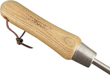 Wooden-handled tool with metal end, branded 'Garden Guru', on a white background