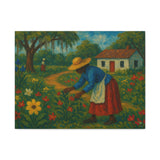Gullah Geechee Garden Scene Folk Art, African American Woman Tending Flowers