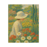 Mary Cassatt Style Impressionist Painting, Woman in White Hat in Flower Garden Wall Art
