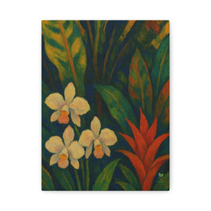 Gauguin Inspired Tropical Still Life with Orchids and Bromeliads