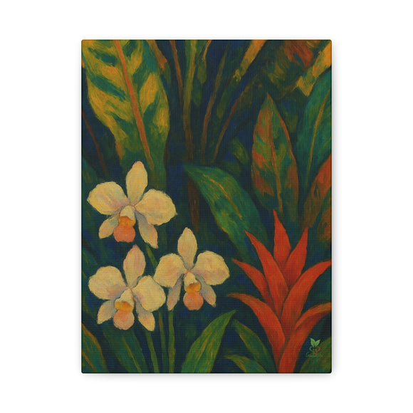 Gauguin Inspired Tropical Still Life with Orchids and Bromeliads