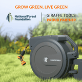 Retractable garden hose with Giraffe Tools branding in a grassy outdoor setting, featuring National Forest Foundation logo.