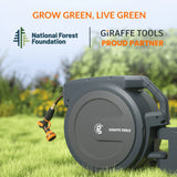Retractable garden hose with Giraffe Tools branding on grass, featuring National Forest Foundation logo.