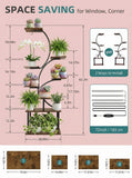 Space-saving plant stand with dimensions and installation instructions on a pink background