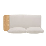 Beige headboard with wooden slats and two cushions on a white background