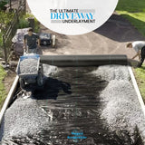 Two people working on a driveway with gravel and a large roll of black underlayment. Woven Geotextile, Commercial Grade Driveway and Road Fabric for Separation and Stabilization - Heavy Duty Underlayment - 50 Year Fabric