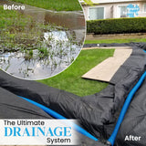 Before and after comparison of a drainage system installation on a lawn.
