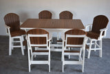 Wooden dining table with six matching chairs on a concrete floor.