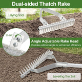 Dual-sided thatch rake with adjustable head on soil background
